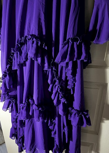 Mor Uzun Kollu Fırfırlı Gotik Elbise - Görsel 3