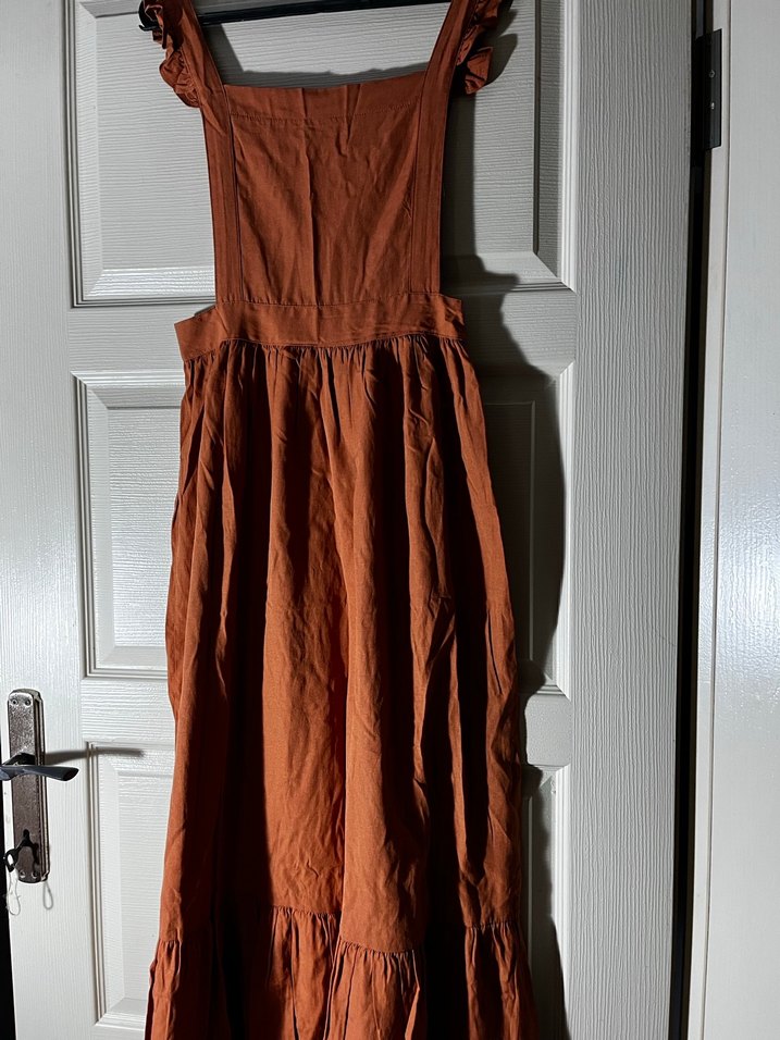 Kadın Kahverengi Uzun Keten Elbise - Görsel 3