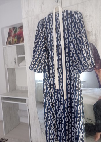 Desenli Lacivert Uzun Salaş Elbise - Görsel 4