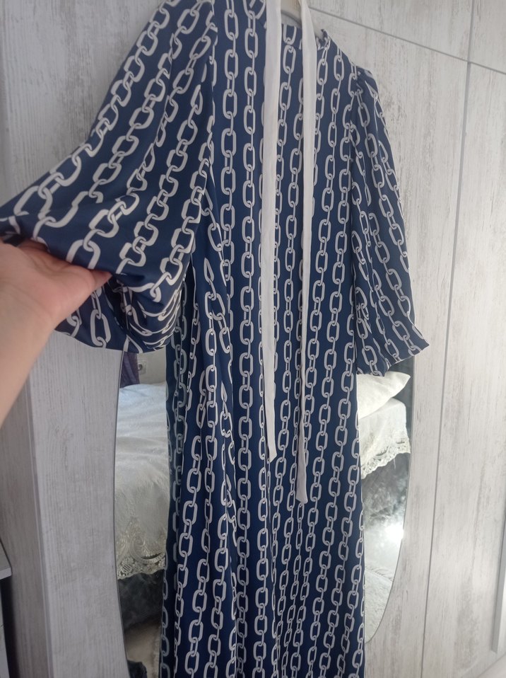 Desenli Lacivert Uzun Salaş Elbise - Görsel 2