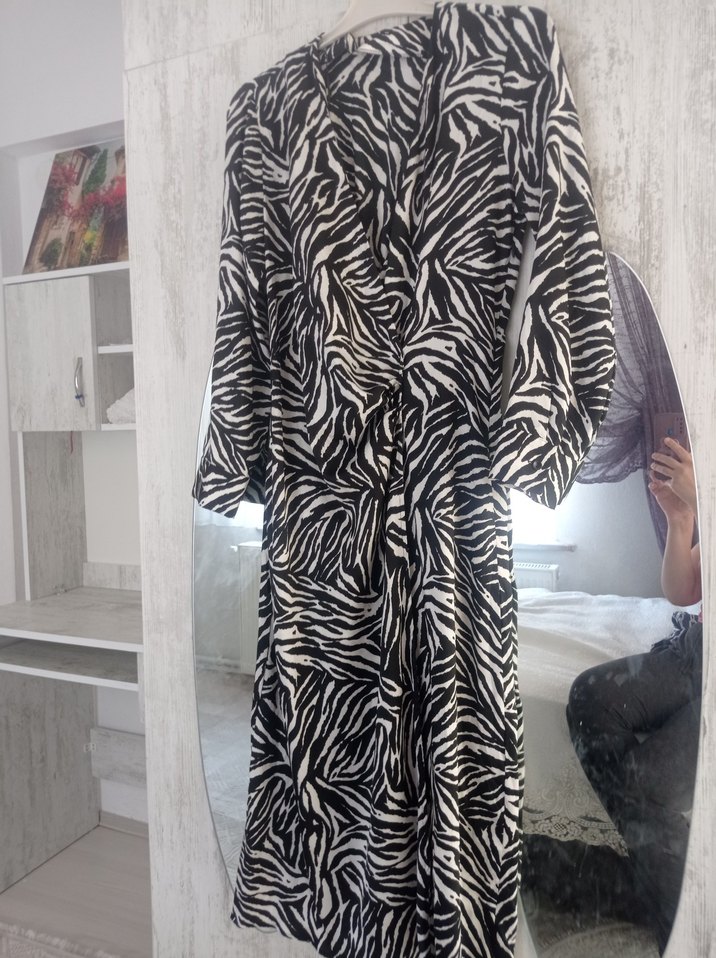 Zebra Desenli Uzun V Yaka Kadın Elbise - Görsel 4