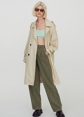Pull and bear kruvaze çift düğmeli trençkot 