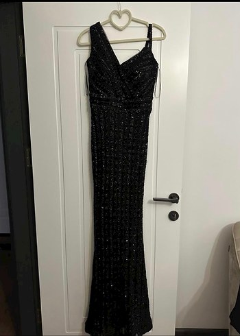 Siyah Payetli Uzun V Yaka Abiye Elbise - Görsel 2