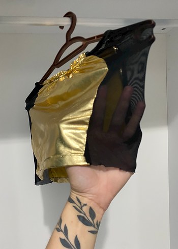 Parlak Altın Renkli Mini etek filelı - Görsel 4