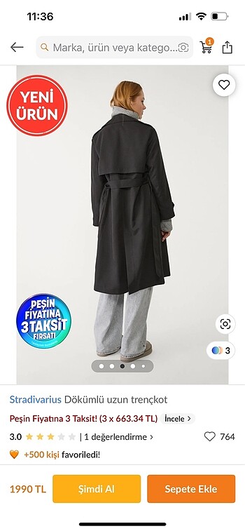 s Beden siyah Renk Stradivarius Dökümlü Uzun Trençkot