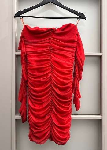 Kırmızı Drapeli Straplez Mini Elbise - Görsel 2