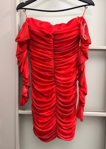 Kırmızı Drapeli Straplez Mini Elbise - Görsel 3