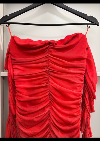 Kırmızı Drapeli Straplez Mini Elbise - Görsel 4