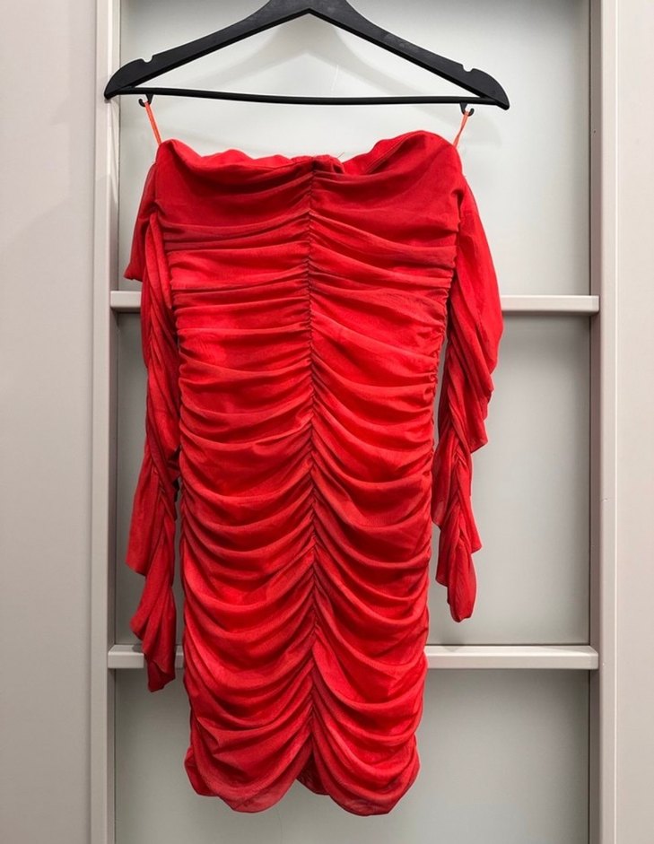 Kırmızı Drapeli Straplez Mini Elbise - Görsel 2