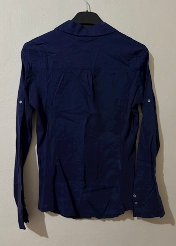 Kadın Lacivert Düğmeli Keten Gömlek - Görsel 3