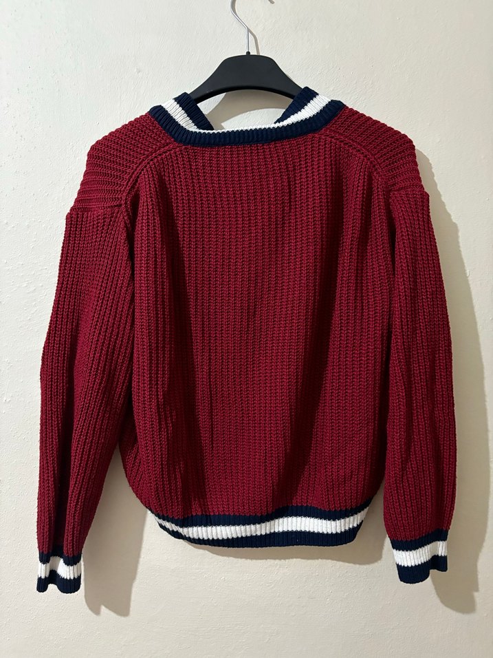 Bordo V Yaka Triko Kadın Kazak - Görsel 3