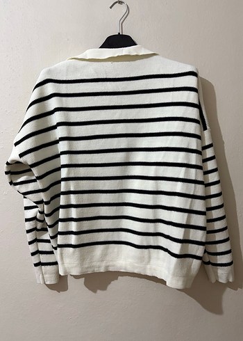 Çizgili Beyaz Uzun Kollu Triko Kazak - Görsel 3