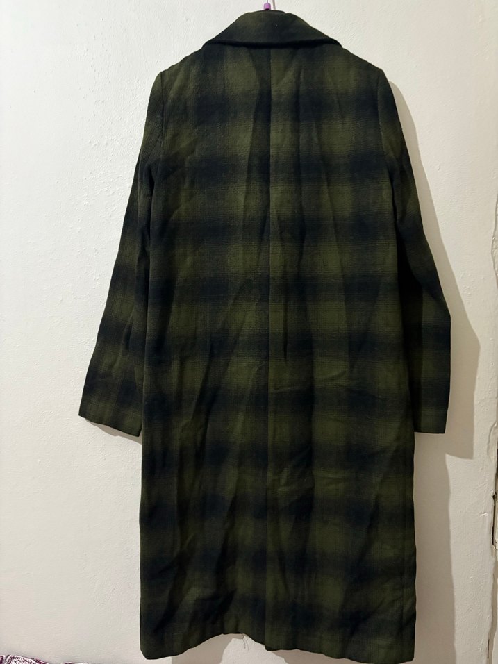 Uzun Ekose Desenli Kadın Kaban - Görsel 4