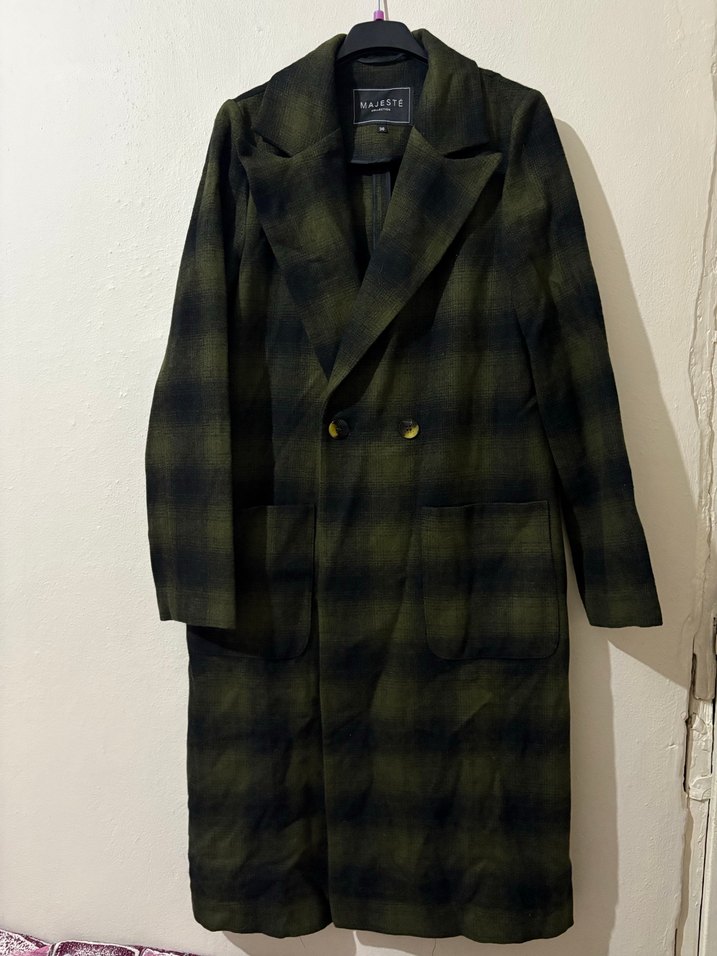 Uzun Ekose Desenli Kadın Kaban - Görsel 2