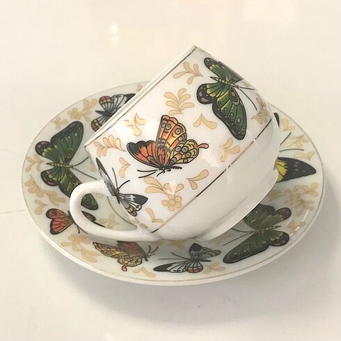 Çizgi marka kalebek desenli vintage kahve fincanı