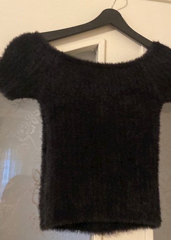 Kürk Detaylı Siyah Kısa Kollu Kadın Crop Kazak - Görsel 3