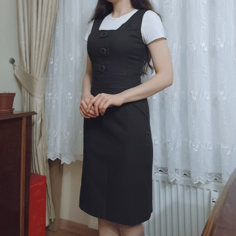 Düğmeli Kahverengi Kalem Elbise - Görsel 2