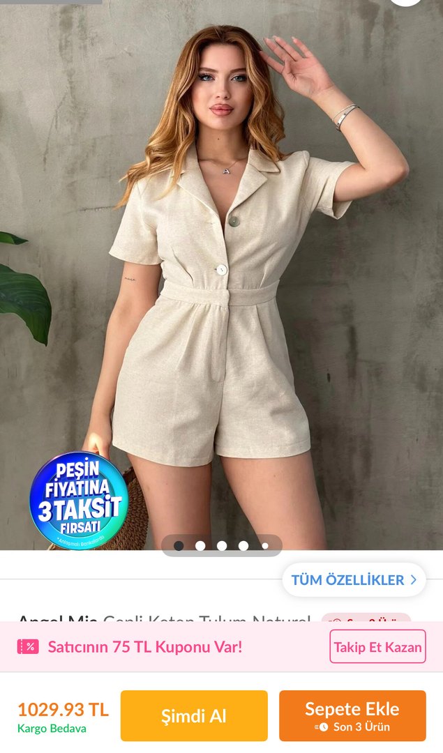 Bej Keten Kısa Kollu Mini Tulum - Görsel 2