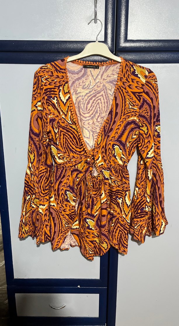 Bohem V Yaka Uzun Kollu Mini tulum - Görsel 4