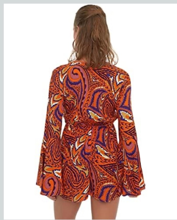 Bohem V Yaka Uzun Kollu Mini tulum - Görsel 3