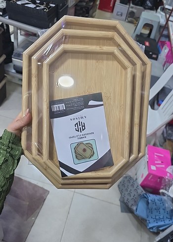 Bambu 3'lü Sekizgen Tepsi Seti - Görsel 2