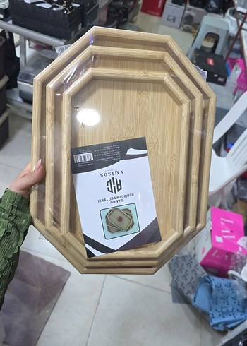 Bambu 3'lü Sekizgen Tepsi Seti - Görsel 3