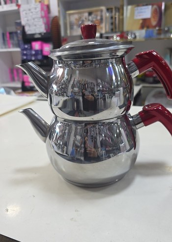 Kırmızı Kulplu Paslanmaz Çelik Çaydanlık - Görsel 2