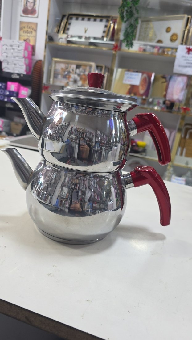 Kırmızı Kulplu Paslanmaz Çelik Çaydanlık - Görsel 3