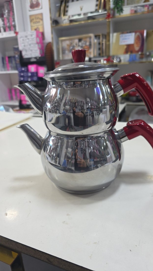 Kırmızı Kulplu Paslanmaz Çelik Çaydanlık - Görsel 2