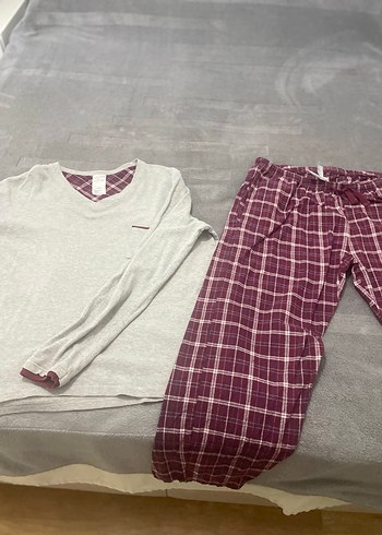 Bordo Ekoseli Gri Üst Rahat erkekPijama Takımı - Görsel 11