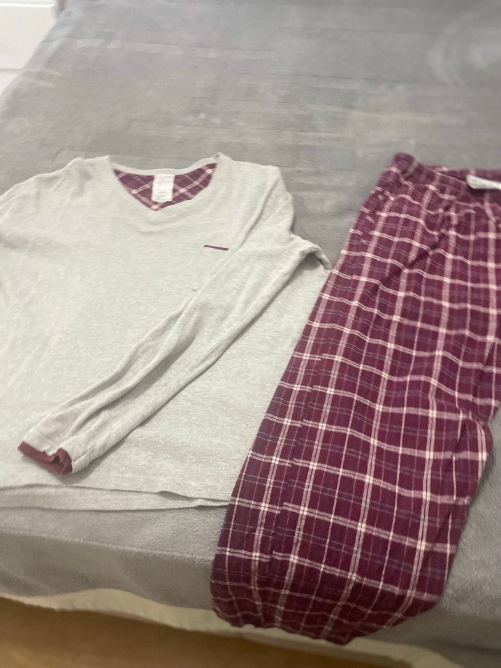 Bordo Ekoseli Gri Üst Rahat erkekPijama Takımı - Görsel 4