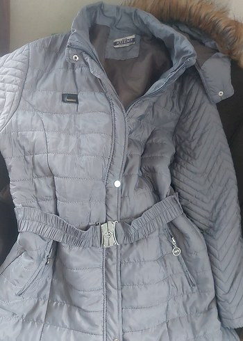 Gri Uzun Kadın Kışlık Kemerli Mont - Görsel 2