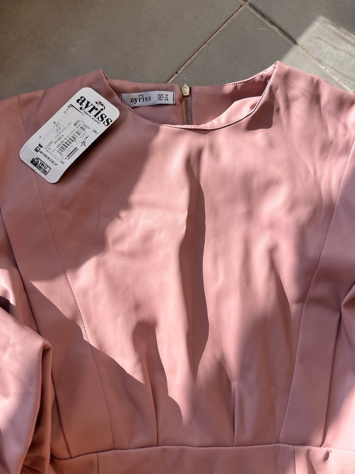 Pudra Pembe Midi V Yaka Elbise - Görsel 3