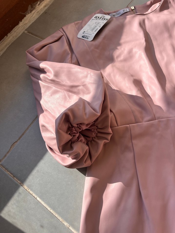 Pudra Pembe Midi V Yaka Elbise - Görsel 2