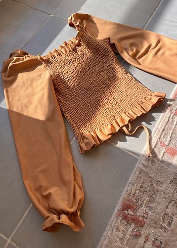 Taba renk Keten Fırfırlı Büzgülü Kadın Bluz - Görsel 3