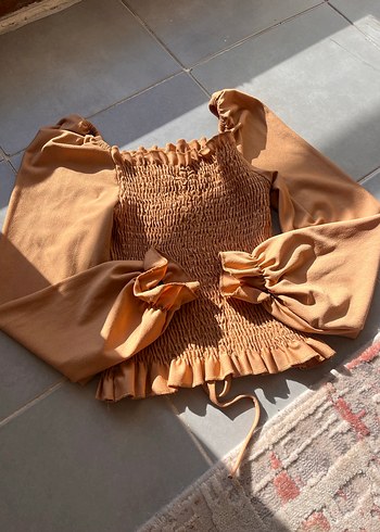 Taba renk Keten Fırfırlı Büzgülü Kadın Bluz - Görsel 2