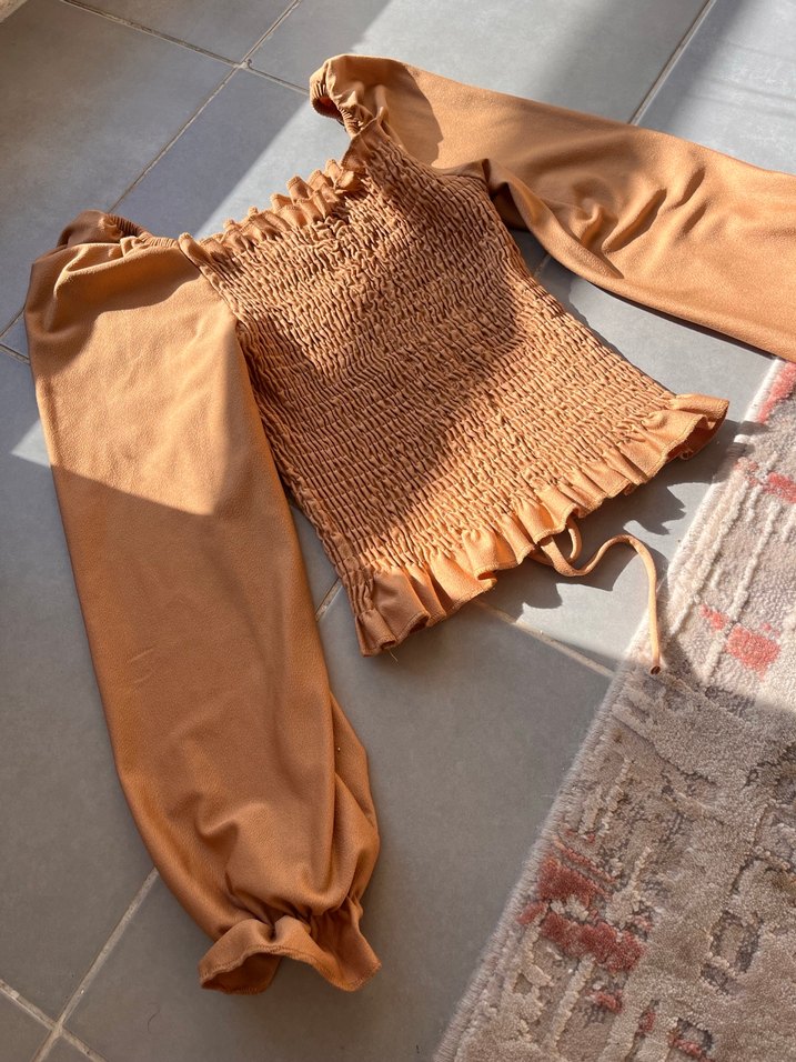 Taba renk Keten Fırfırlı Büzgülü Kadın Bluz - Görsel 3