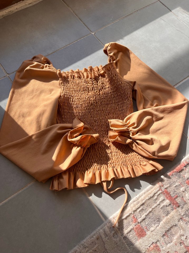 Taba renk Keten Fırfırlı Büzgülü Kadın Bluz - Görsel 2