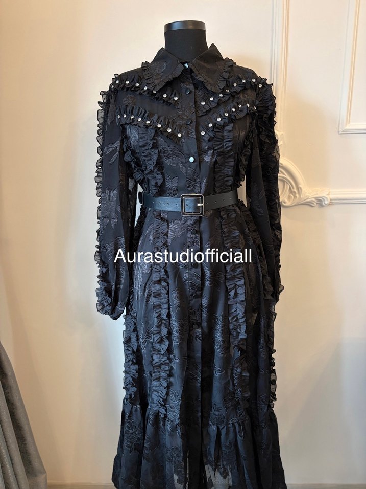 İthal Fırfırlı Taş Detaylı Elbise - Görsel 2