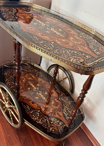 Koyu Altın Renkli Vintage Servis Arabası - Görsel 5