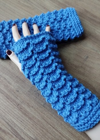 Tasarım Mavi Örgü Bohem Kadın Eldiveni - Görsel 2