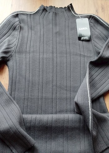 Gri Fitilli Uzun Kollu Triko Elbise - Görsel 2