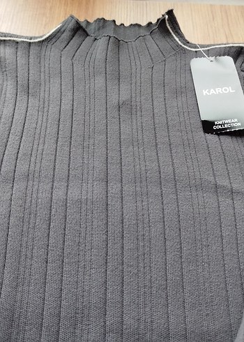 Gri Fitilli Uzun Kollu Triko Elbise - Görsel 3