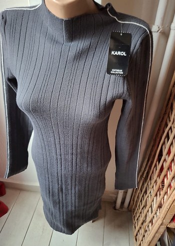 Gri Fitilli Uzun Kollu Triko Elbise - Görsel 7