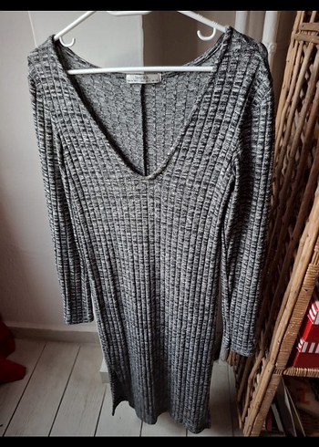 Bershka Gri V Yaka Uzun Kollu Triko Elbise - Görsel 5