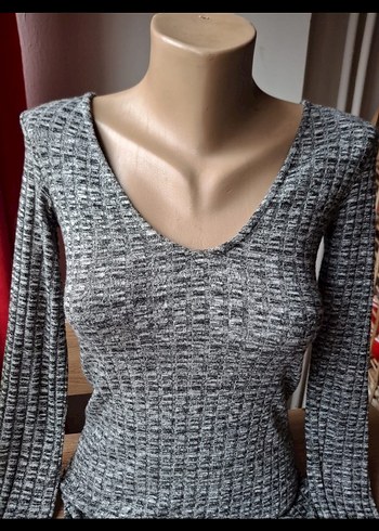 Bershka Gri V Yaka Uzun Kollu Triko Elbise - Görsel 3