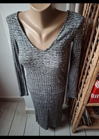 Bershka Gri V Yaka Uzun Kollu Triko Elbise - Görsel 4