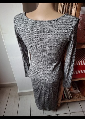 Bershka Gri V Yaka Uzun Kollu Triko Elbise - Görsel 2