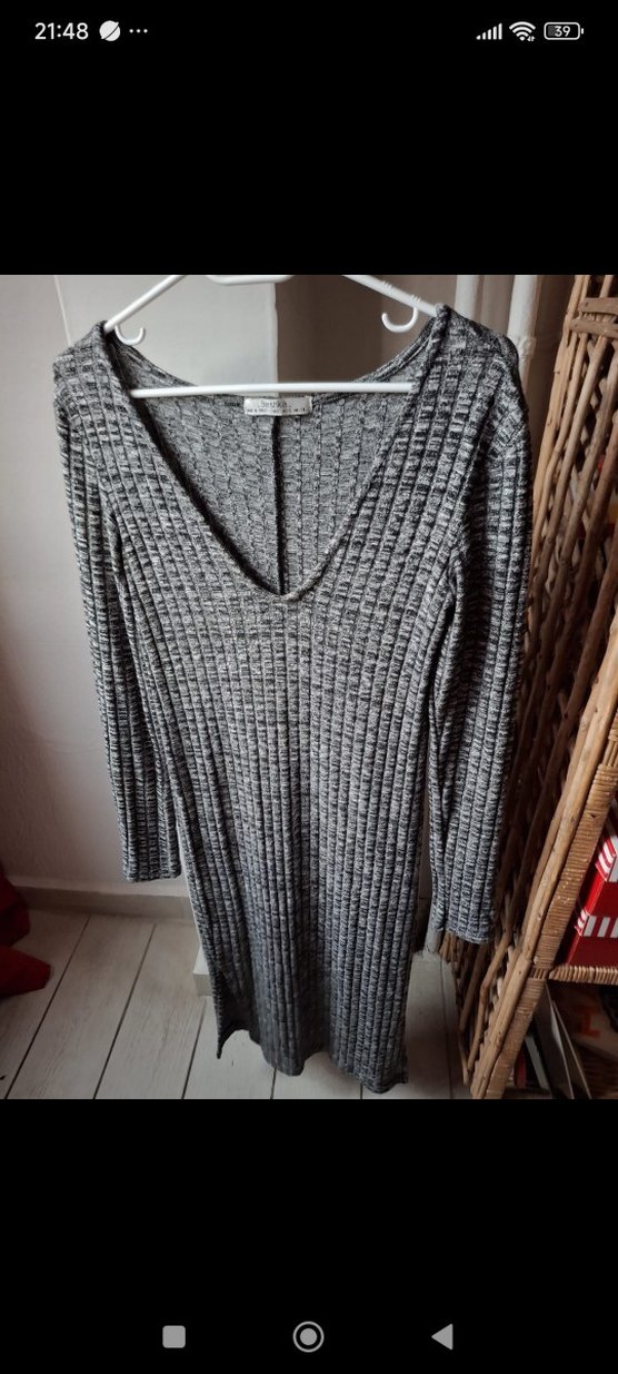 Bershka Gri V Yaka Uzun Kollu Triko Elbise - Görsel 5