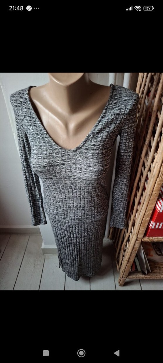 Bershka Gri V Yaka Uzun Kollu Triko Elbise - Görsel 4